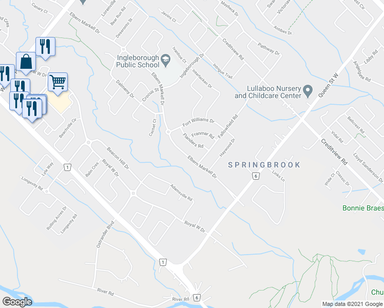 map of restaurants, bars, coffee shops, grocery stores, and more near 39 Elbern Markell Drive in Brampton