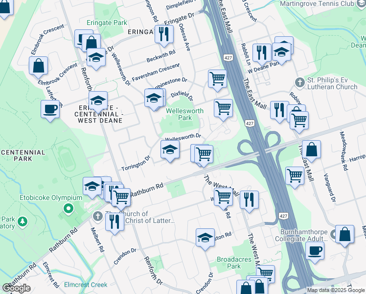 map of restaurants, bars, coffee shops, grocery stores, and more near 16 Saffron Crescent in Toronto