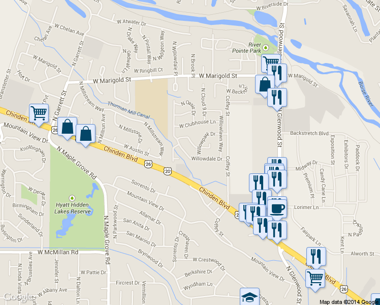 map of restaurants, bars, coffee shops, grocery stores, and more near 8438 Willowdale Drive in Boise