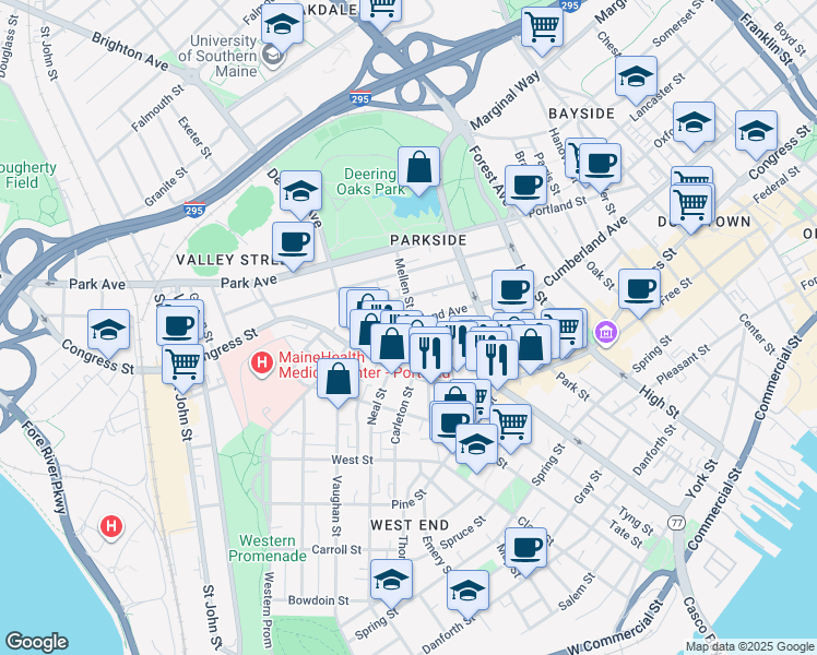 map of restaurants, bars, coffee shops, grocery stores, and more near 42 Mellen Street in Portland
