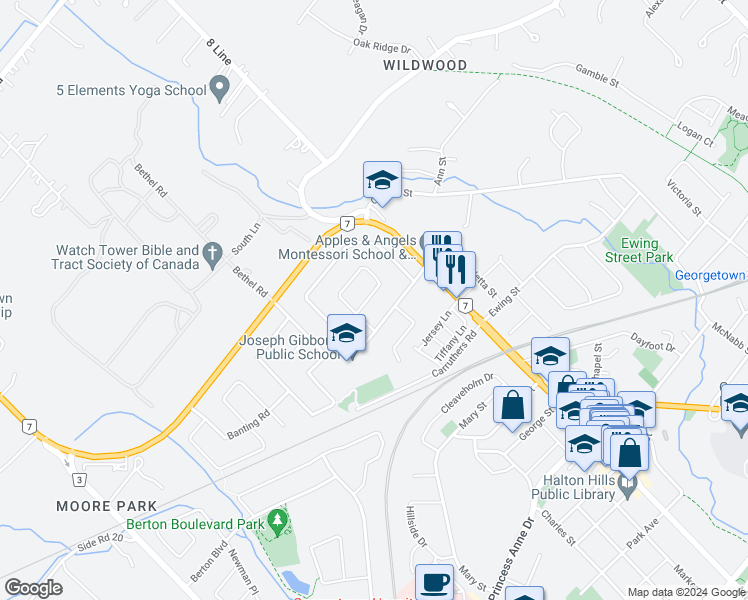 map of restaurants, bars, coffee shops, grocery stores, and more near 63 Eleanor Crescent in Halton Hills