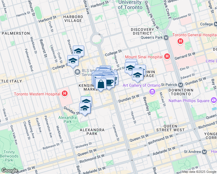 map of restaurants, bars, coffee shops, grocery stores, and more near 354 Spadina Avenue in Toronto