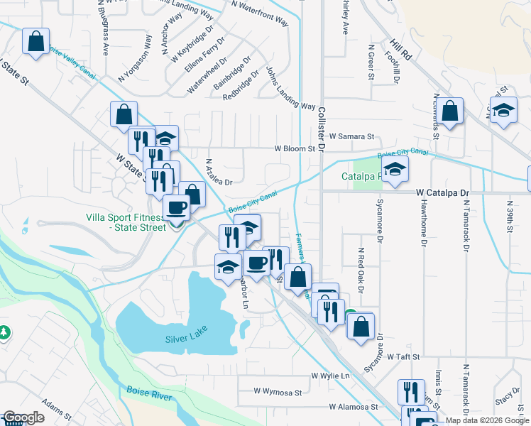 map of restaurants, bars, coffee shops, grocery stores, and more near 5082 West Mercurio Lane in Boise