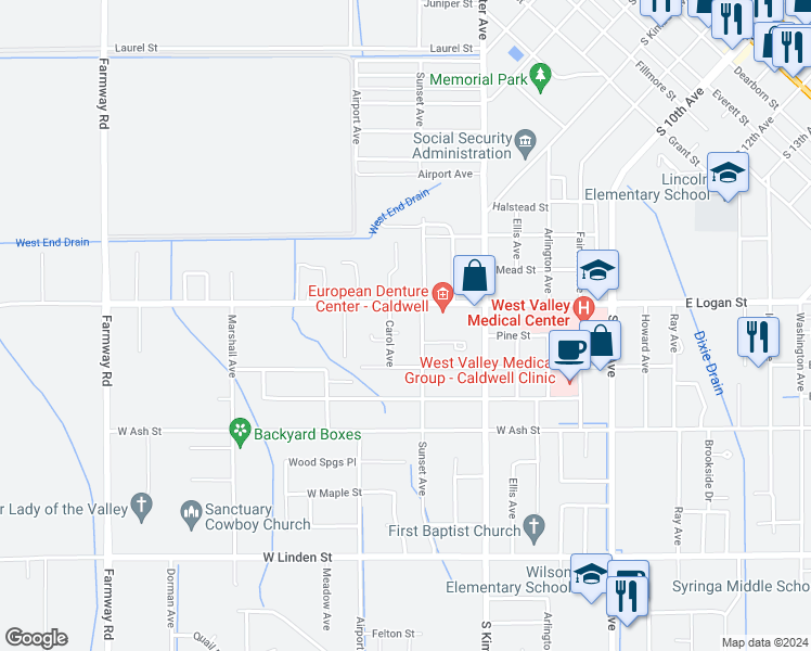 map of restaurants, bars, coffee shops, grocery stores, and more near 308 Carol Court in Caldwell