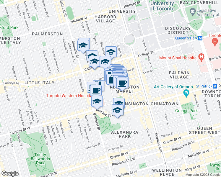 map of restaurants, bars, coffee shops, grocery stores, and more near 60 Bellevue Avenue in Toronto