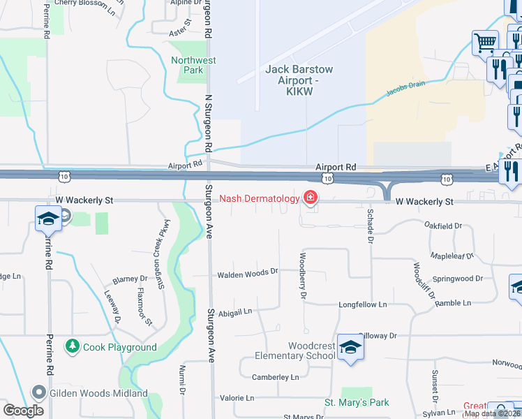 map of restaurants, bars, coffee shops, grocery stores, and more near 6212 Alyse Lane in Midland