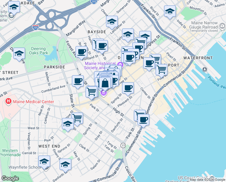 map of restaurants, bars, coffee shops, grocery stores, and more near 554 Congress Street in Portland