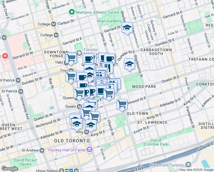 map of restaurants, bars, coffee shops, grocery stores, and more near 42 Mutual Street in Toronto