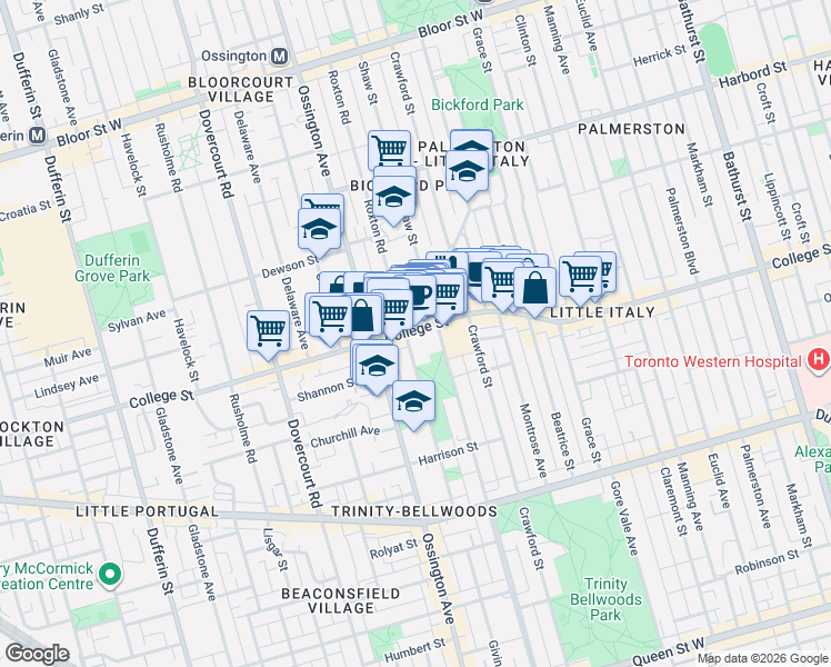 map of restaurants, bars, coffee shops, grocery stores, and more near 799 College Street in Toronto