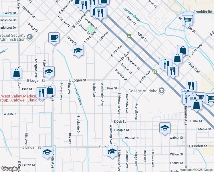 map of restaurants, bars, coffee shops, grocery stores, and more near 1107 East Pine Street in Caldwell