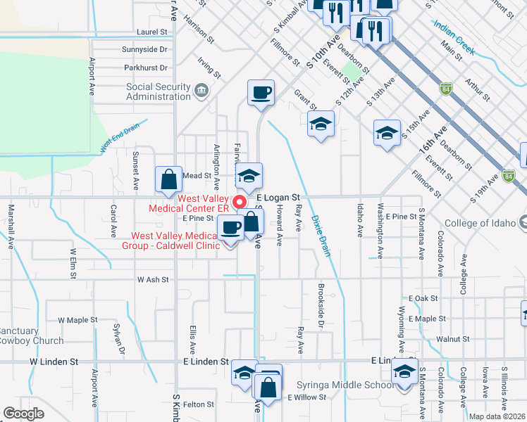 map of restaurants, bars, coffee shops, grocery stores, and more near 1715 South 10th Avenue in Caldwell