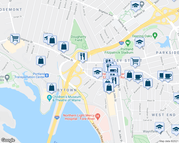 map of restaurants, bars, coffee shops, grocery stores, and more near 15 Lowell Street in Portland