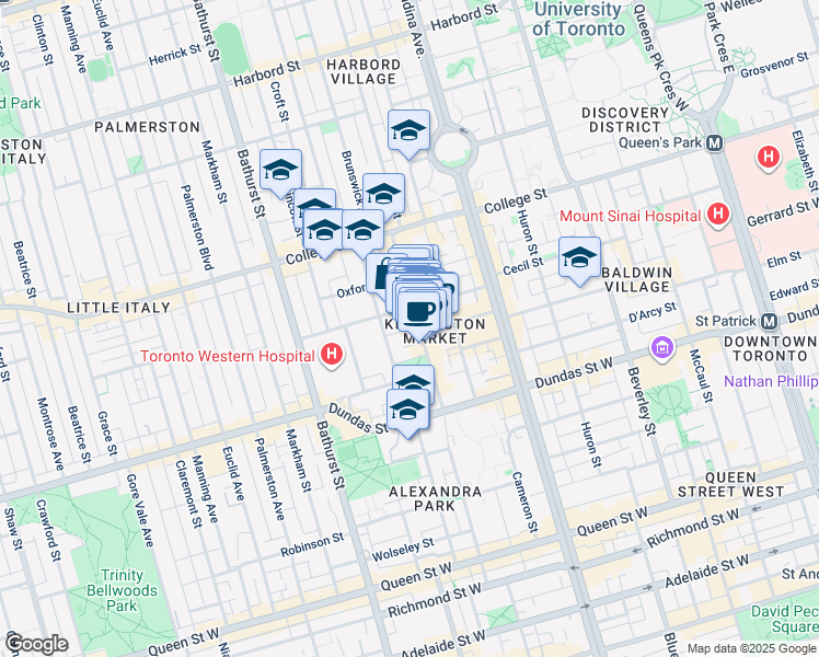 map of restaurants, bars, coffee shops, grocery stores, and more near 208 Augusta Avenue in Toronto