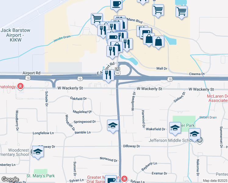 map of restaurants, bars, coffee shops, grocery stores, and more near 6225 Eastman Avenue in Midland