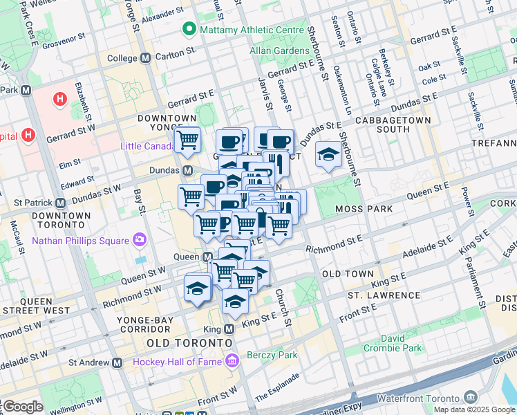 map of restaurants, bars, coffee shops, grocery stores, and more near 167 Church Street in Toronto