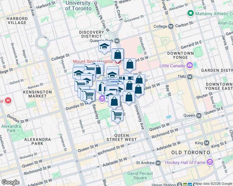 map of restaurants, bars, coffee shops, grocery stores, and more near 250 Dundas Street West in Toronto