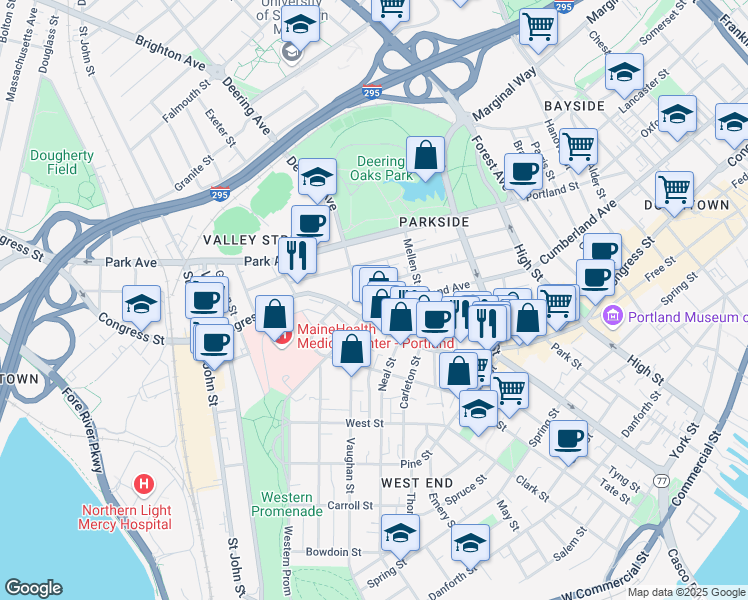 map of restaurants, bars, coffee shops, grocery stores, and more near 563 Cumberland Avenue in Portland
