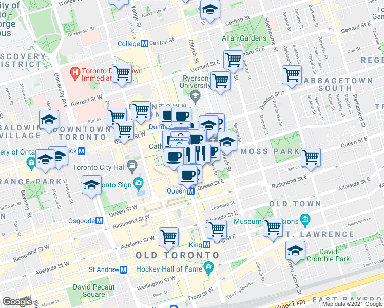 map of restaurants, bars, coffee shops, grocery stores, and more near 210 Victoria Street in Toronto