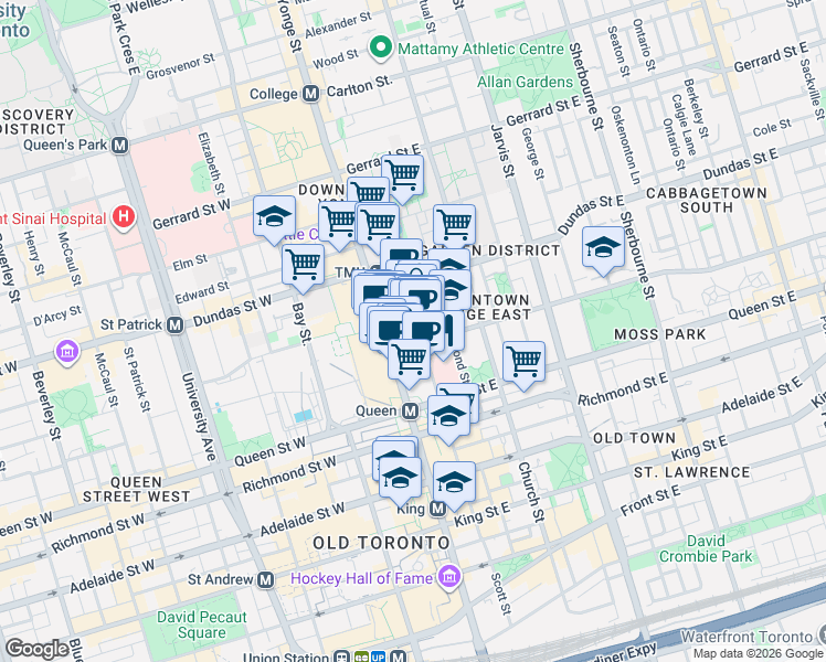 map of restaurants, bars, coffee shops, grocery stores, and more near 210 Victoria Street in Toronto