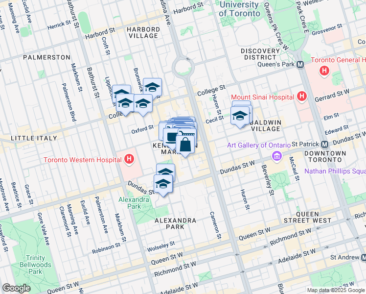 map of restaurants, bars, coffee shops, grocery stores, and more near 215 Augusta Avenue in Toronto