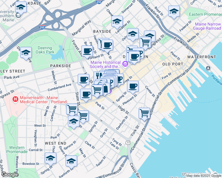 map of restaurants, bars, coffee shops, grocery stores, and more near 576A Congress Street in Portland