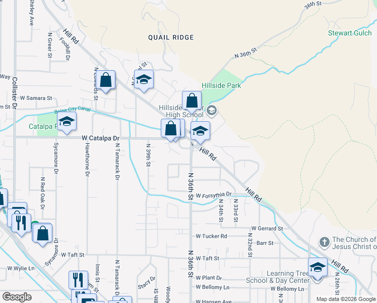 map of restaurants, bars, coffee shops, grocery stores, and more near 3811 North Garden Center Way in Boise
