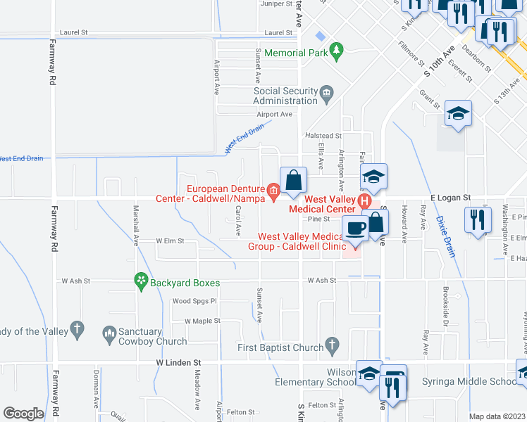 map of restaurants, bars, coffee shops, grocery stores, and more near 224 Sunset Court in Caldwell