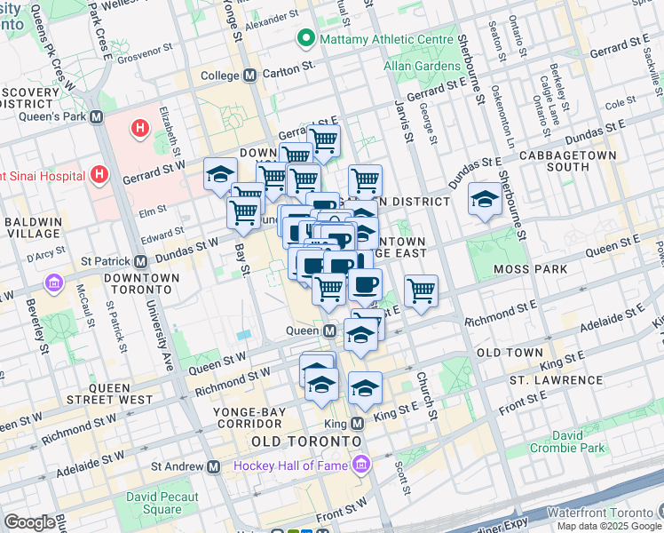 map of restaurants, bars, coffee shops, grocery stores, and more near 210 Victoria Street in Toronto