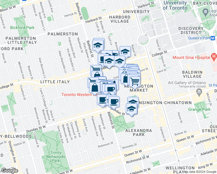 map of restaurants, bars, coffee shops, grocery stores, and more near 6 Lippincott Street in Toronto