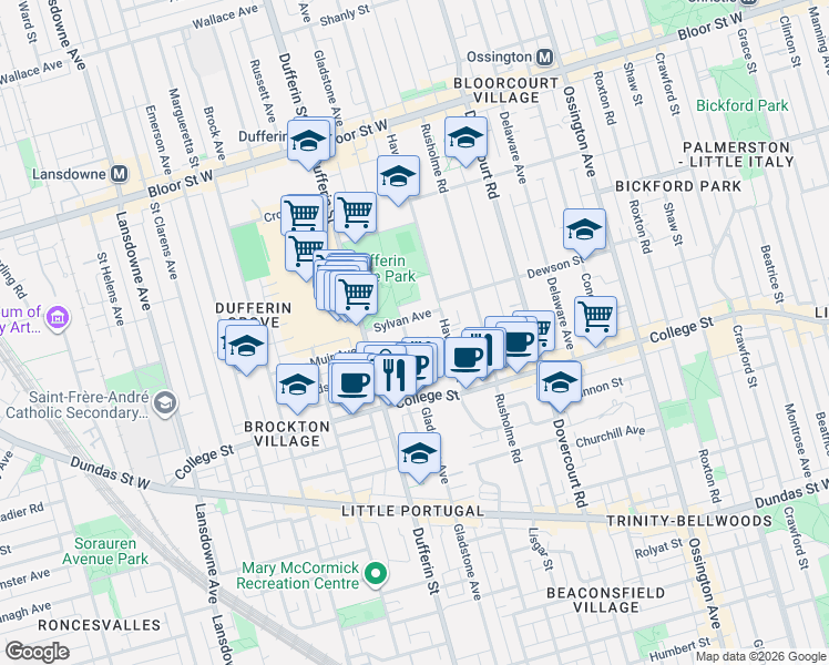 map of restaurants, bars, coffee shops, grocery stores, and more near 365 Gladstone Avenue in Toronto