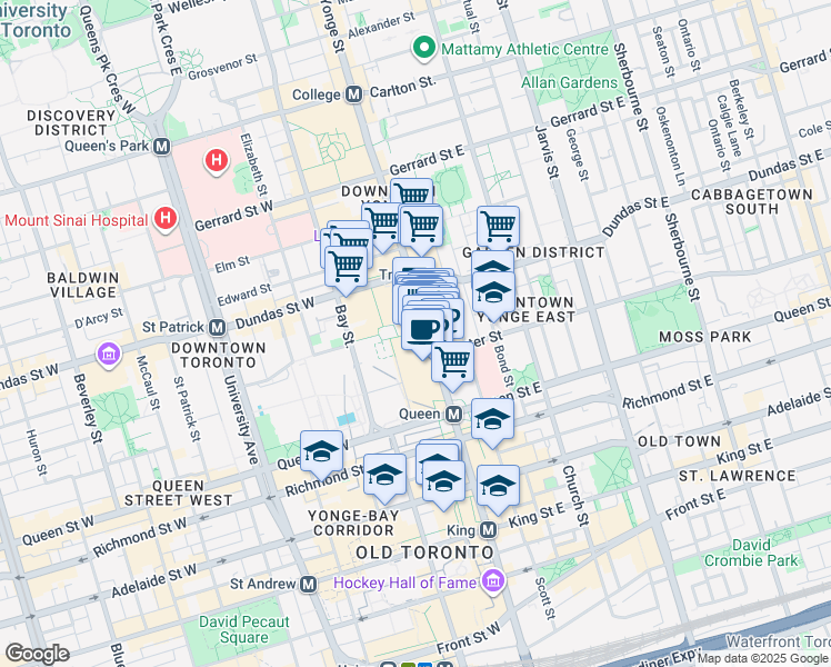 map of restaurants, bars, coffee shops, grocery stores, and more near 220 Yonge Street in Toronto
