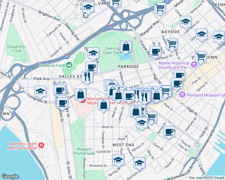 map of restaurants, bars, coffee shops, grocery stores, and more near 555 Cumberland Avenue in Portland