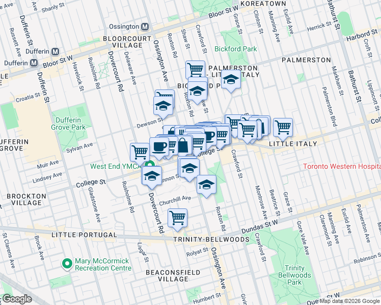 map of restaurants, bars, coffee shops, grocery stores, and more near in Toronto