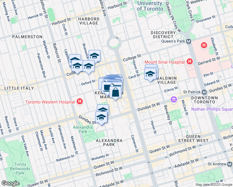 map of restaurants, bars, coffee shops, grocery stores, and more near 40 Kensington Avenue in Toronto