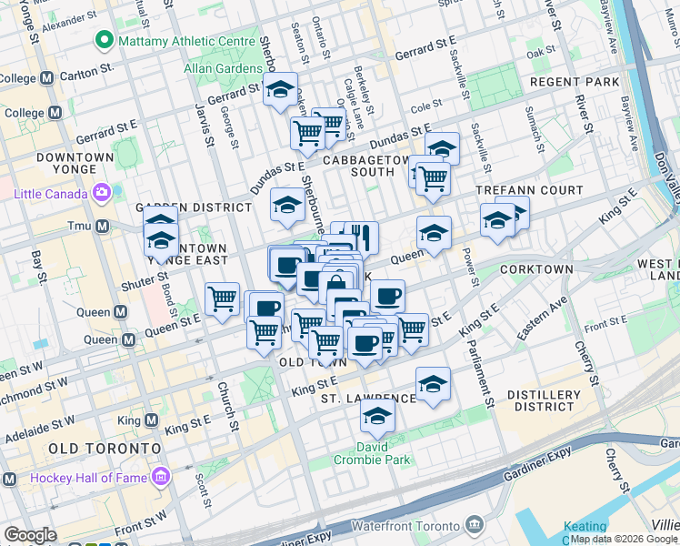 map of restaurants, bars, coffee shops, grocery stores, and more near 218 Queen Street East in Toronto