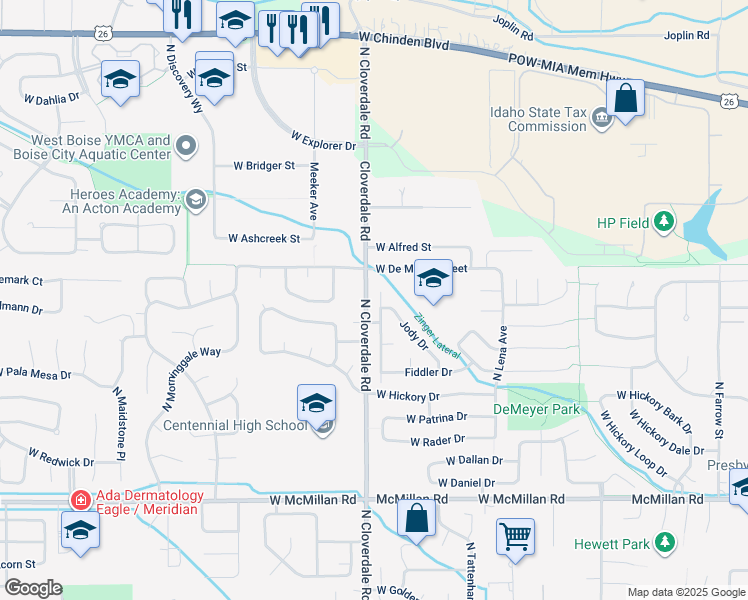 map of restaurants, bars, coffee shops, grocery stores, and more near 5461 North Creswell Avenue in Boise