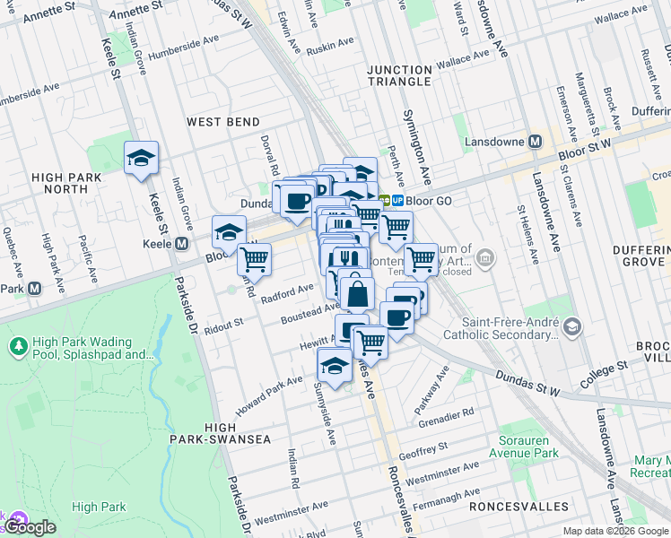 map of restaurants, bars, coffee shops, grocery stores, and more near in Toronto