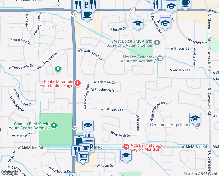 map of restaurants, bars, coffee shops, grocery stores, and more near 13374 West Engelmann Drive in Boise