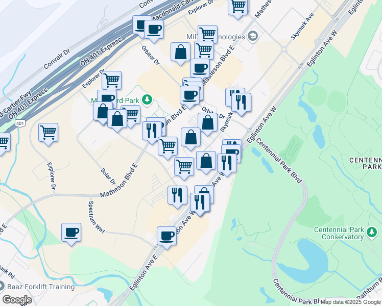 map of restaurants, bars, coffee shops, grocery stores, and more near 2375 Skymark Avenue in Mississauga