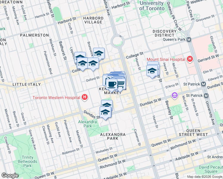 map of restaurants, bars, coffee shops, grocery stores, and more near in Toronto