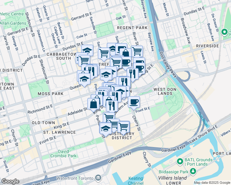 map of restaurants, bars, coffee shops, grocery stores, and more near 420 King Street East in Toronto