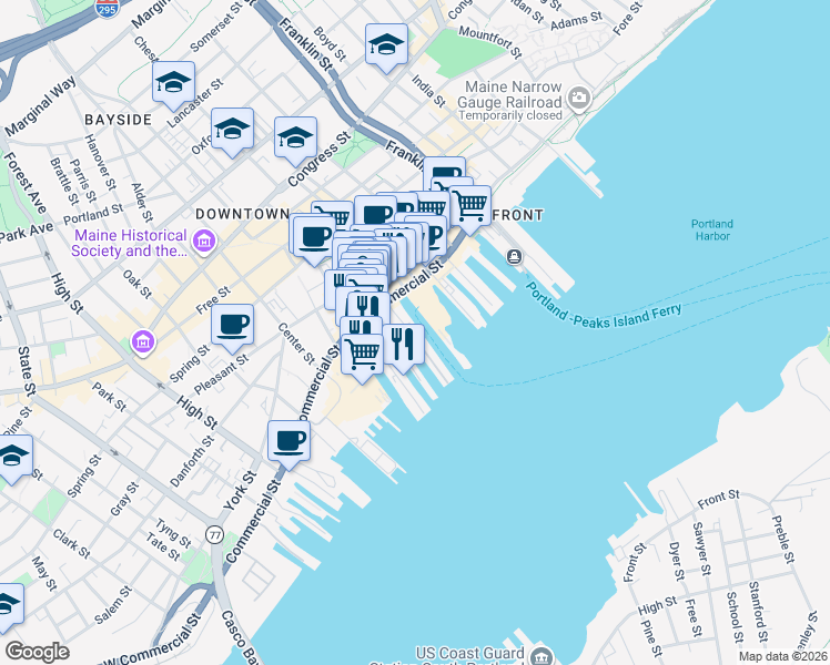 map of restaurants, bars, coffee shops, grocery stores, and more near 184 Commercial Street in Portland