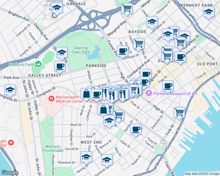 map of restaurants, bars, coffee shops, grocery stores, and more near in Portland