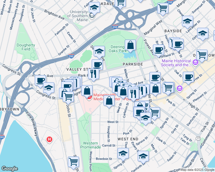 map of restaurants, bars, coffee shops, grocery stores, and more near 819 Congress Street in Portland