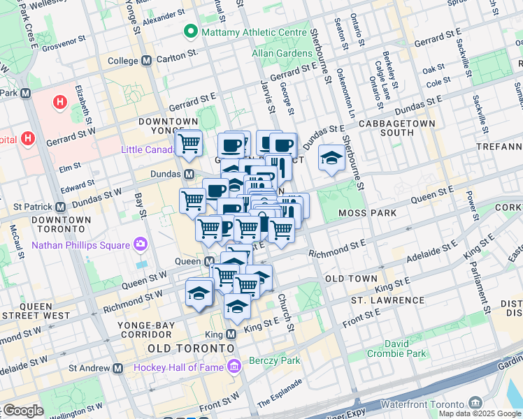 map of restaurants, bars, coffee shops, grocery stores, and more near 65 Shuter Street in Toronto