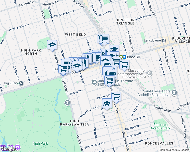 map of restaurants, bars, coffee shops, grocery stores, and more near in Toronto