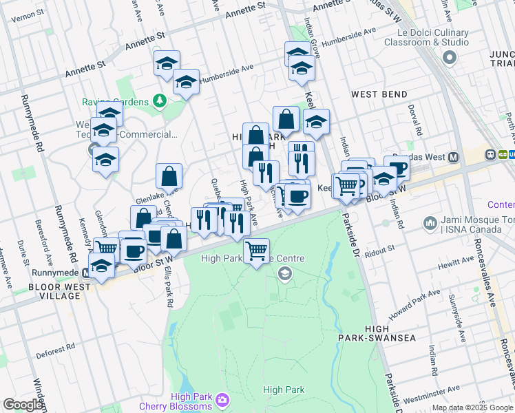 map of restaurants, bars, coffee shops, grocery stores, and more near 35 High Park Avenue in Toronto