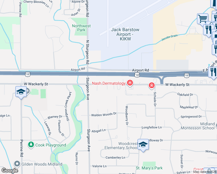 map of restaurants, bars, coffee shops, grocery stores, and more near 6208 Alyse Lane in Midland
