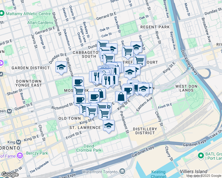 map of restaurants, bars, coffee shops, grocery stores, and more near 154 Parliament Street in Toronto