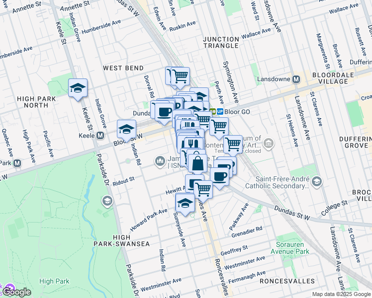 map of restaurants, bars, coffee shops, grocery stores, and more near in Toronto